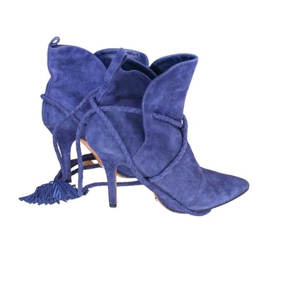 Schutz Fadhila Blue Suede High Heel Ankle Boots Pointed Toe Tassel Tie - Picture 1 of 5